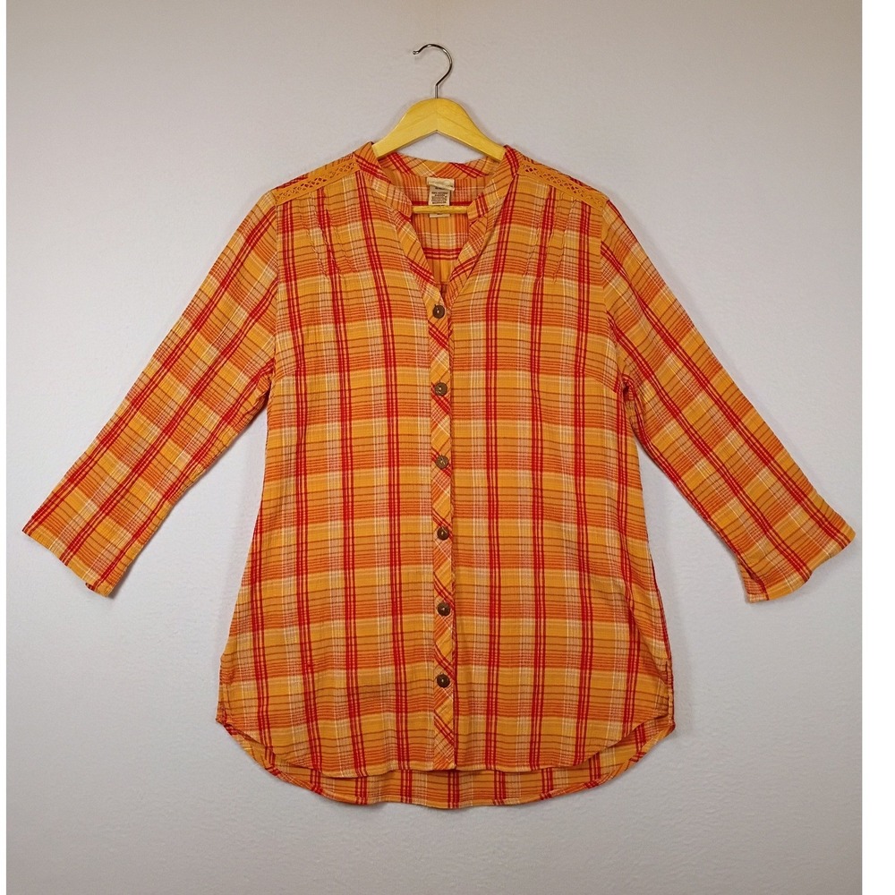Boho Plaid Covington Womens Medium Orange Red Cotton Lace Trim Henley Tunic Top